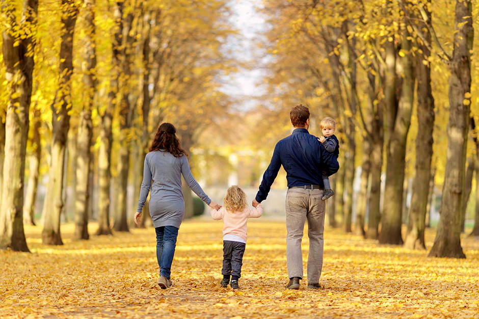 Familie schlendert im Herbst durch einen Park in Potsdam Familie schlendert im Herbst durch einen Park in Potsdam