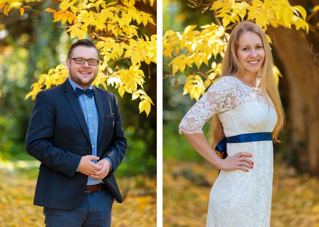 Braut und Bräutigam beim Verlobungsshooting im herbstlichen Potsdam mit abgestimmten Outfits
