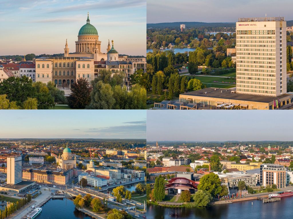 Die Innenstadt von Potsdam mit dem Barberini, der Nikolaikirche, dem Mercure-Hotel und der Alten Fahrt