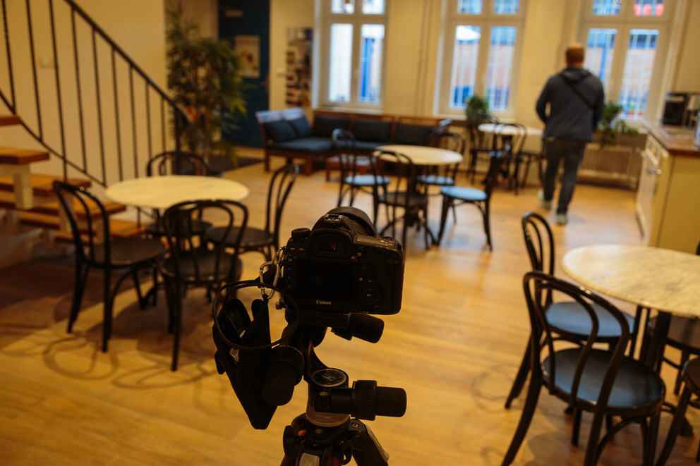 Commercial photographer captures lounge area of dance school.