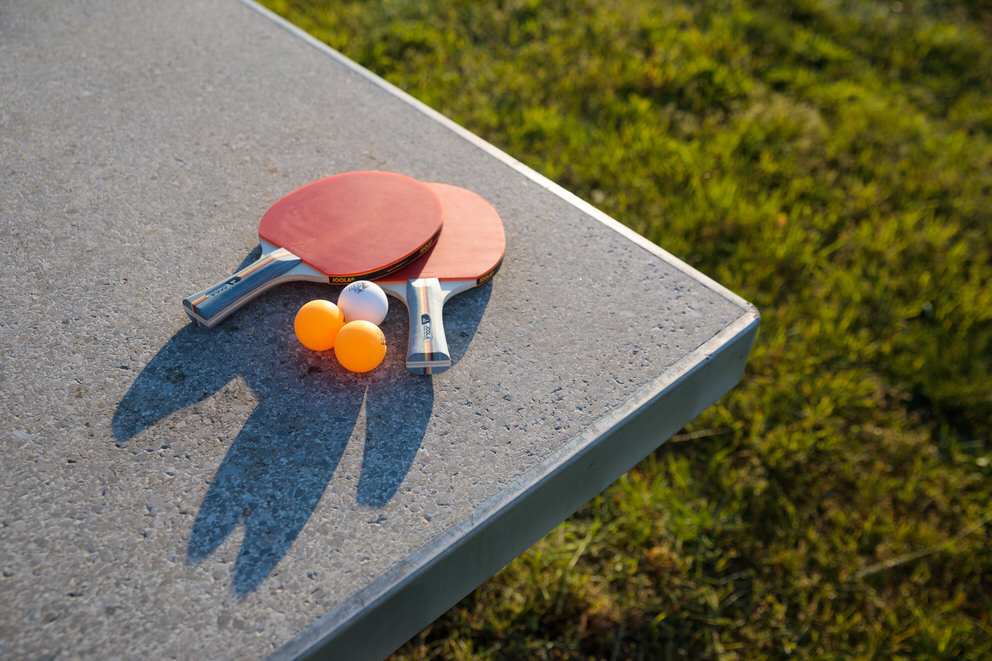 Tischtennisplatte mit Schlägern in Ferienhaus