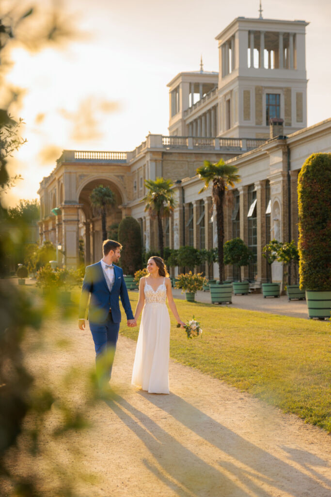 Ein glückliches Hochzeitspaar spaziert Hand in Hand durch eine idyllische Weinberg-Landschaft bei Sonnenuntergang. Ein Brautpaar spaziert Hand in Hand in der goldenen Abendsonne durch die Parkanlage der Orangerie in Potsdam.